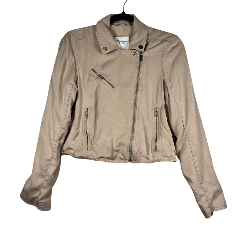 Abercrombie & Fitch Moto Jacket‎ Women Tan Asymmetrical Zip Cropped Size Small